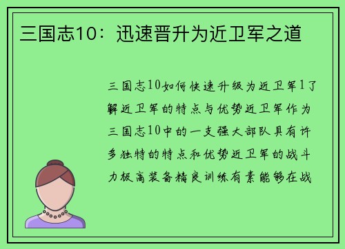 三国志10：迅速晋升为近卫军之道