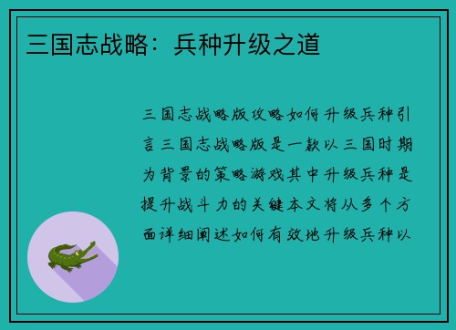 三国志战略：兵种升级之道