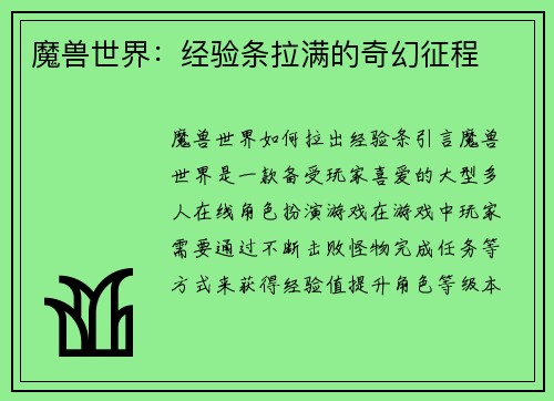 魔兽世界：经验条拉满的奇幻征程